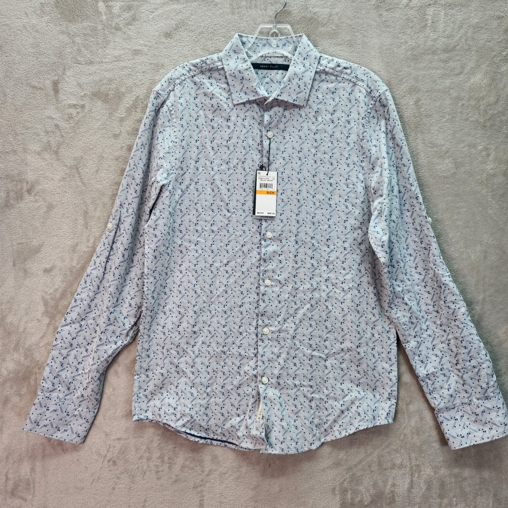 Perry Ellis Mens Small Blue Dotted Geometric Print Long Sleeve Button Down Shirt